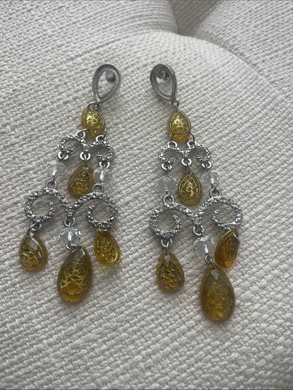 Elegant Crystal Chandelier Earrings in Amber and Silver